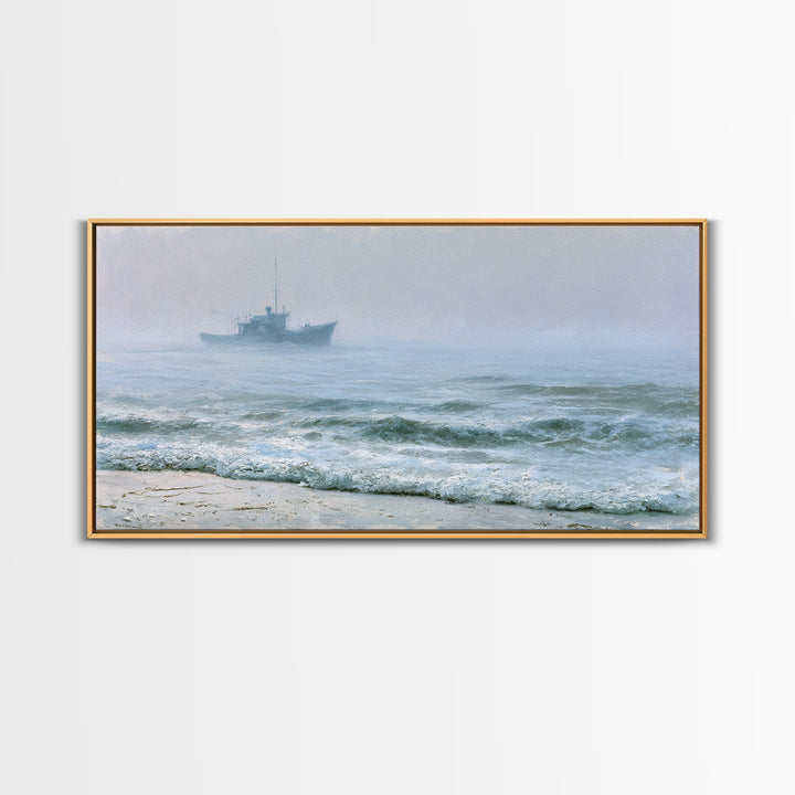 Fishing Boat Silhouette Framed Canvas Print, Seascape Art, Luxury Decor, Coastal Decor, Fine Art, Seascape, Oil Painting, SEA-2x1-34