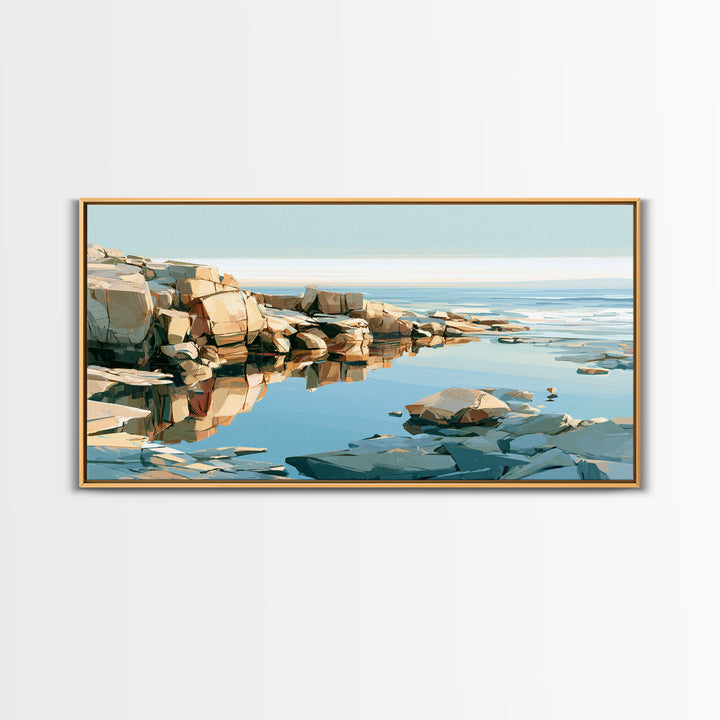 Rocky Tidepool with Reflections Framed Canvas Print, Seascape Art, Bedroom Decor, Coastal Decor, Seascape, Coastal Wall Art, SEA-2x1-55