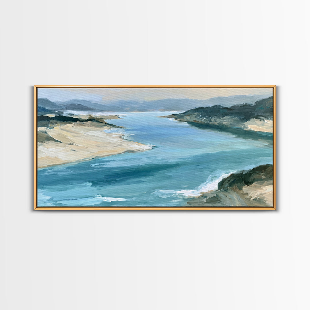 Coastal Cove with Turquoise Water Framed Canvas Print, Seascape Art, Wall Art Print, Coastal Decor, Watercolor Art, Seascape, SEA-2x1-59