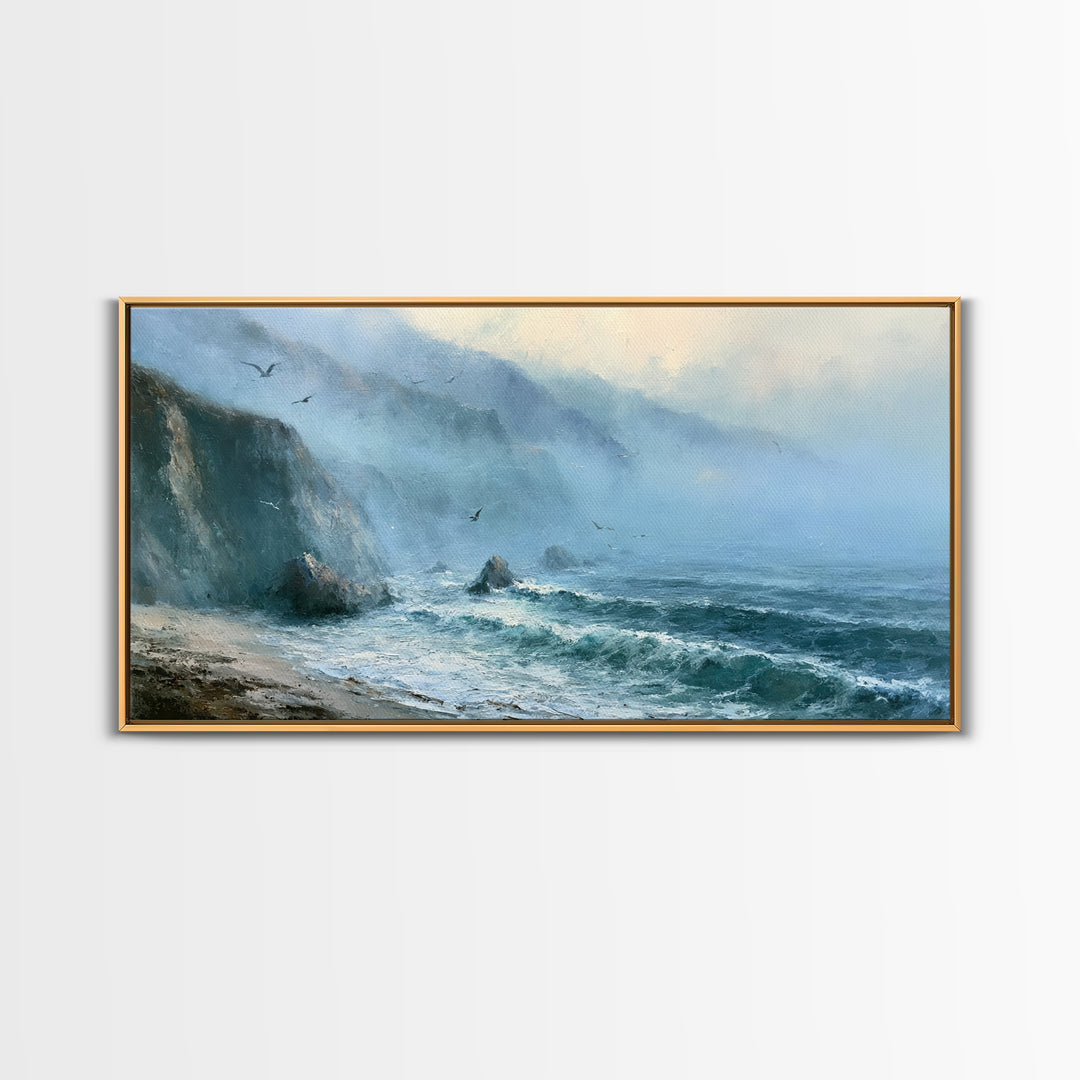 Misty Sea Cliffs Framed Canvas Print, Seascape Art, Abstract Art, Coastal Decor, Seascape, Nautical Decor, Coastal Wall Art, SEA-2x1-97