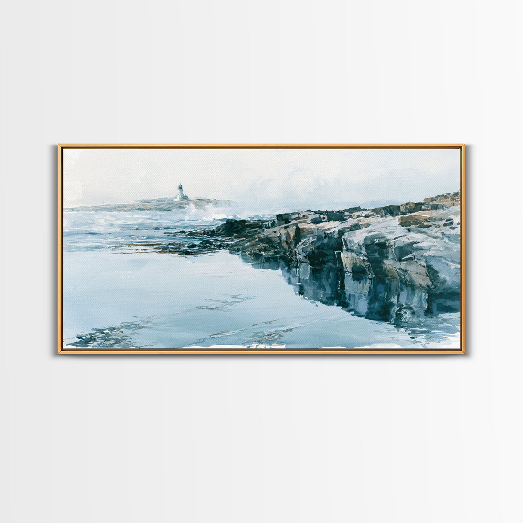 Dramatic Lighthouse in Distant Spray Canvas Print, Seascape Art, Coastal Decor, Watercolor Art, Seascape, Printable Art, SEA-2x1-98