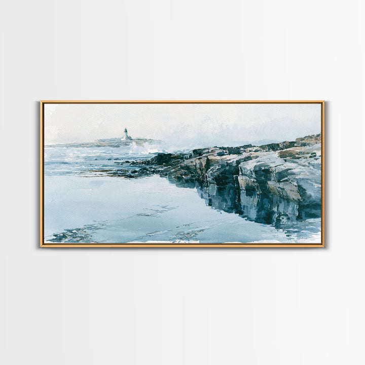 Dramatic Lighthouse in Distant Spray Canvas Print, Seascape Art, Coastal Decor, Watercolor Art, Seascape, Printable Art, SEA-2x1-98