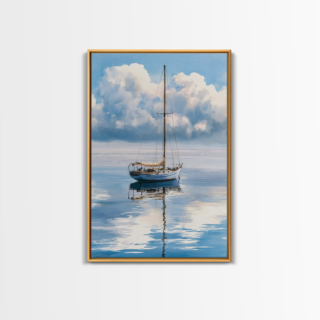 Quiet Sailboat on Glassy Water Framed Canvas Print, Seascape Art, Room Decor, Coastal Decor, Seascape, Digital Wall Art, SEA-2x3-64