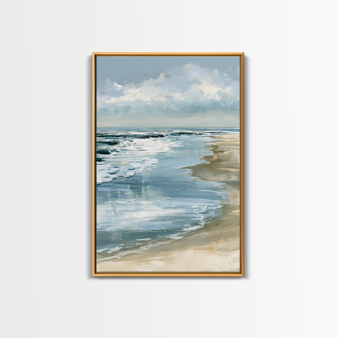 Golden Beach Tide at Low Water Framed Canvas Print, Seascape Art, Digital Prints, Coastal Decor, Watercolor Art, Seascape, SEA-2x3-98