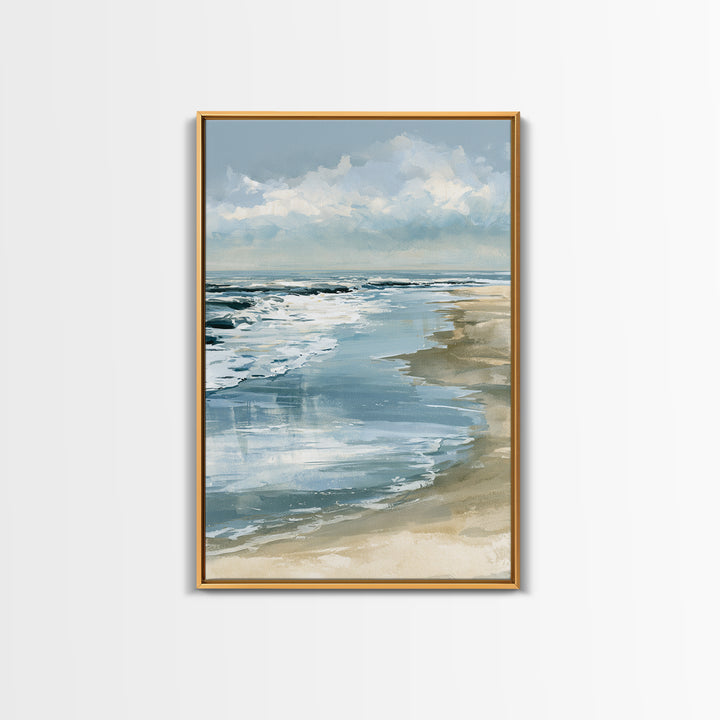 Golden Beach Tide at Low Water Framed Canvas Print, Seascape Art, Digital Prints, Coastal Decor, Watercolor Art, Seascape, SEA-2x3-98