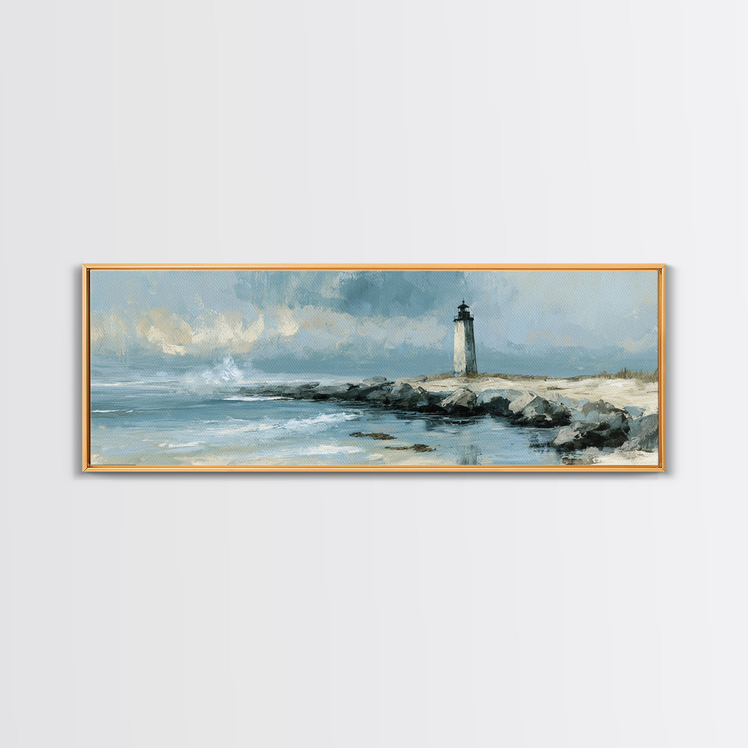 Dramatic Lighthouse in Distant Spray Canvas Print, Seascape Art, Digital Print, Coastal Decor, Seascape, Watercolor Art, SEA-3x1-46