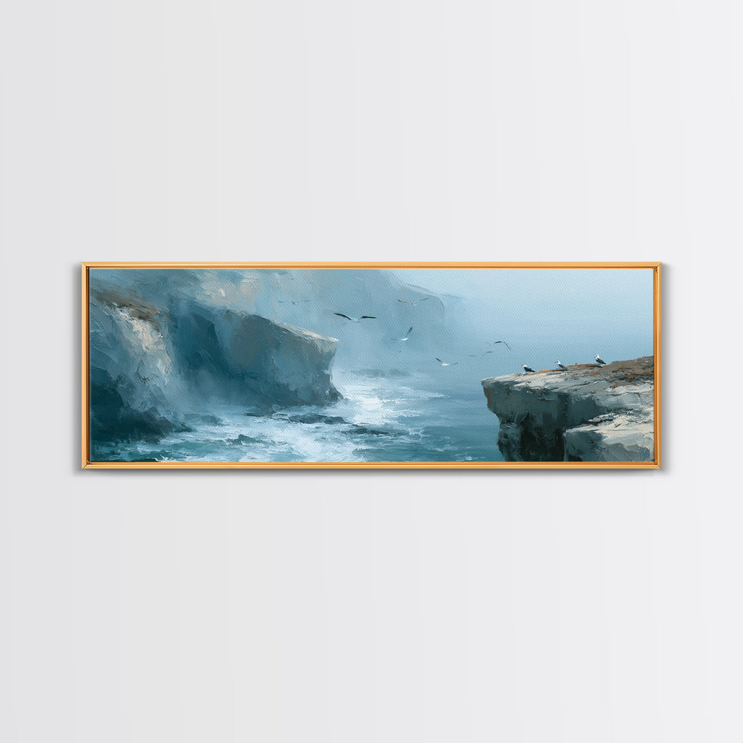 Misty Sea Cliffs Framed Canvas Print, Seascape Art, Bedroom Wall Art, Coastal Decor, Seascape, Boho Decor, Luxury Decor, SEA-3x1-69