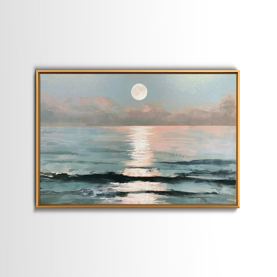 Moonlit Ocean with Silver Path of Light Framed Canvas Print, Seascape Art, Bedroom Wall Art, Coastal Decor, Watercolor Art, SEA-3x2-31