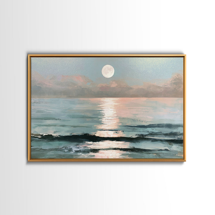 Moonlit Ocean with Silver Path of Light Framed Canvas Print, Seascape Art, Bedroom Wall Art, Coastal Decor, Watercolor Art, SEA-3x2-31
