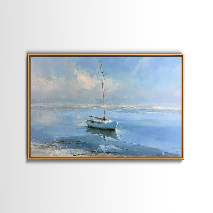 Quiet Sailboat on Glassy Water Framed Canvas Print, Seascape Art, Beach Decor, Coastal Decor, Seascape, Minimalist Decor, SEA-3x2-60