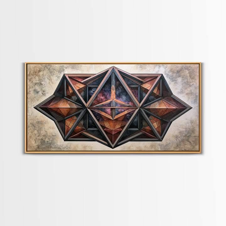 Star Tetrahedron with Watercolor Galaxy Wash Canvas Print, Sacred Geometry Art, Wabi Sabi Art, Living Room Decor, Geometry, SGA-2x1-100