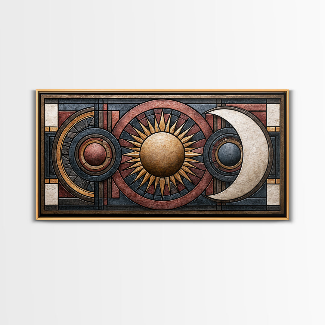 Geometric Sun and Moon Balance Design Framed Canvas Print, Sacred Geometry Art, Wall Hanging, Living Room Decor, Geometry, SGA-2x1-72