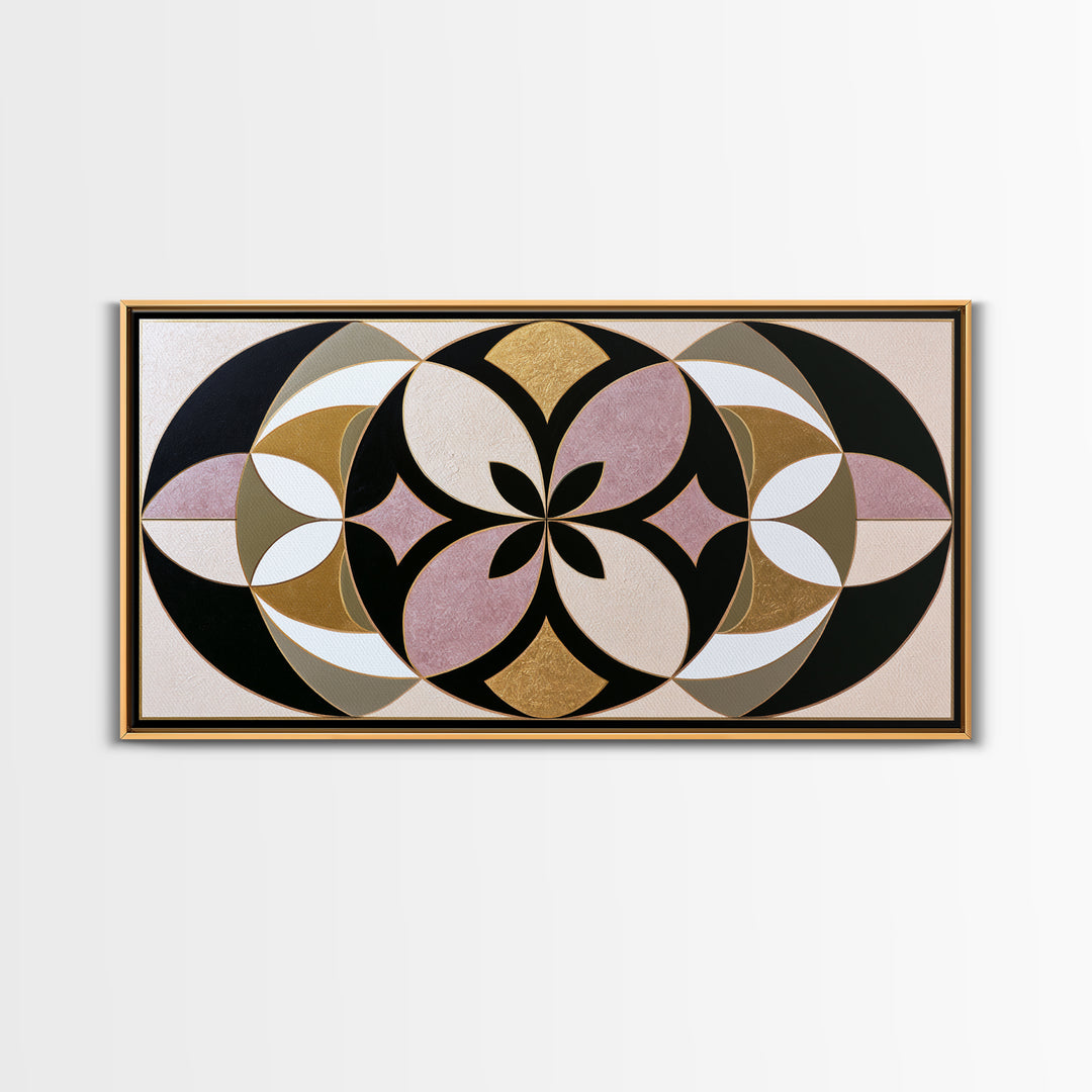 Black and Gold Geometric Rosette Framed Canvas Print, Sacred Geometry Art, Midcentury Modern, Living Room Decor, Geometry, SGA-2x1-80
