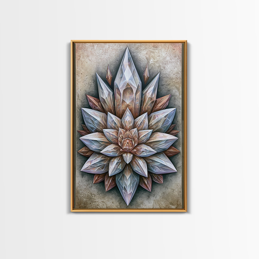 Crystal Lotus Arrangement Framed Canvas Print, Sacred Geometry Art, Boho Wall Decor, Living Room Decor, Fine Art, Geometry, SGA-2x3-28