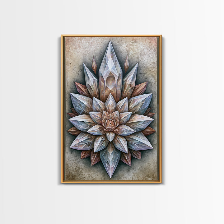 Crystal Lotus Arrangement Framed Canvas Print, Sacred Geometry Art, Boho Wall Decor, Living Room Decor, Fine Art, Geometry, SGA-2x3-28