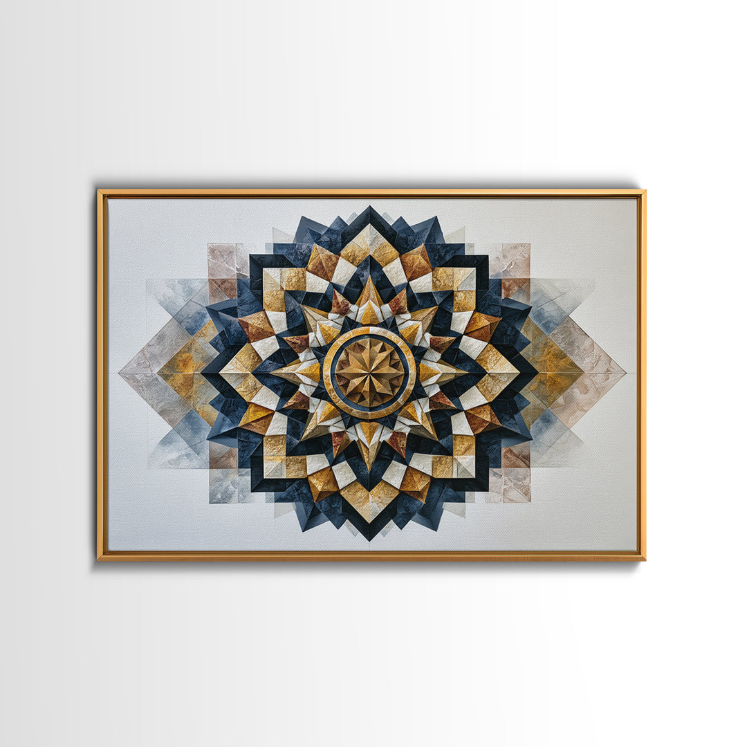 Black and Gold Geometric Rosette Framed Canvas Print, Sacred Geometry Art, Home Decor, Living Room Decor, Fine Art, Geometry, SGA-3x2-64