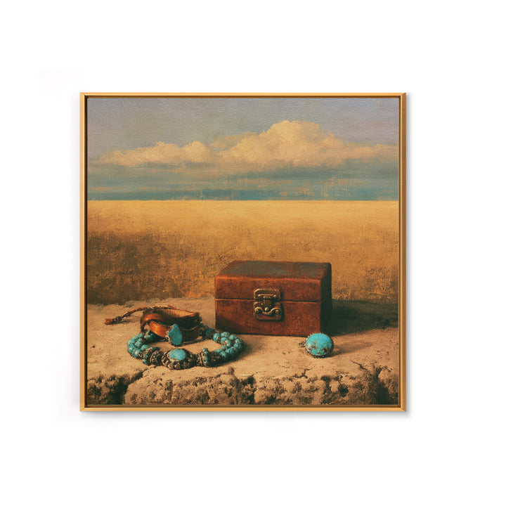 Turquoise Jewelry and Leather Still Life Framed Canvas Print, Southwestern Art, Boho Wall Art, Southwestern Decor, Mesa, SOU-1x1-11