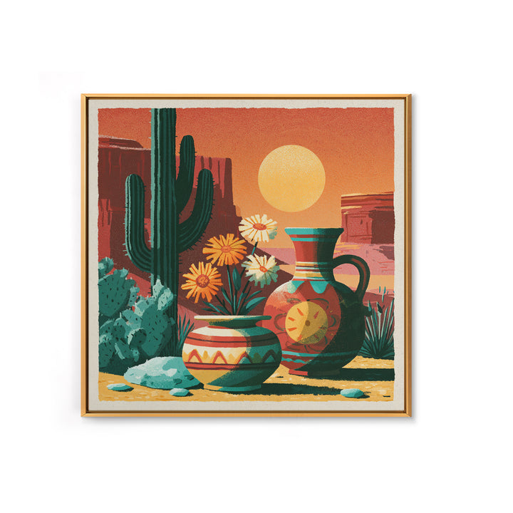 Painted Pottery and Desert Wildflowers Framed Canvas Print, Southwestern Art, Boho Decor, Southwestern Decor, Fine Art, Mesa, SOU-1x1-16