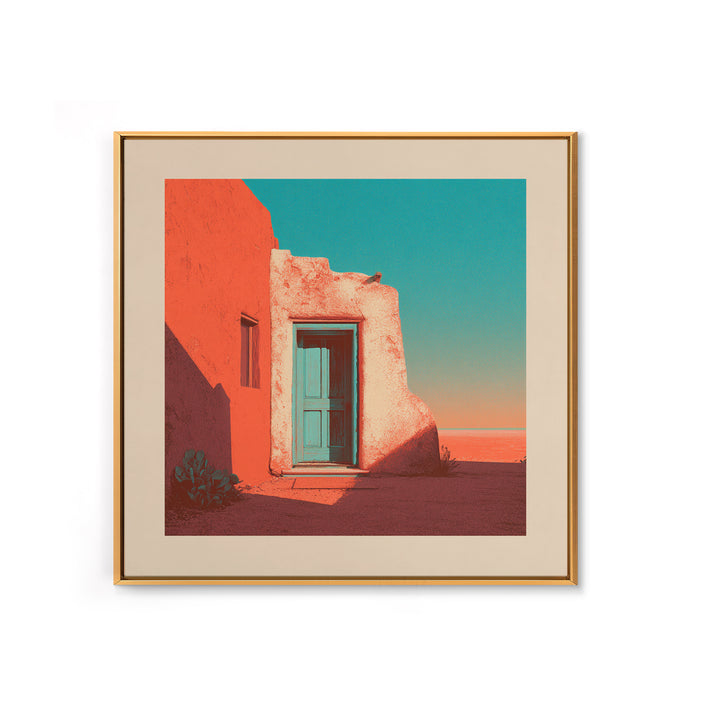 Adobe Doorway with Turquoise Blue Shadow Framed Canvas Print, Southwestern Art, Textured Painting, Southwestern Decor, Mesa, SOU-1x1-29