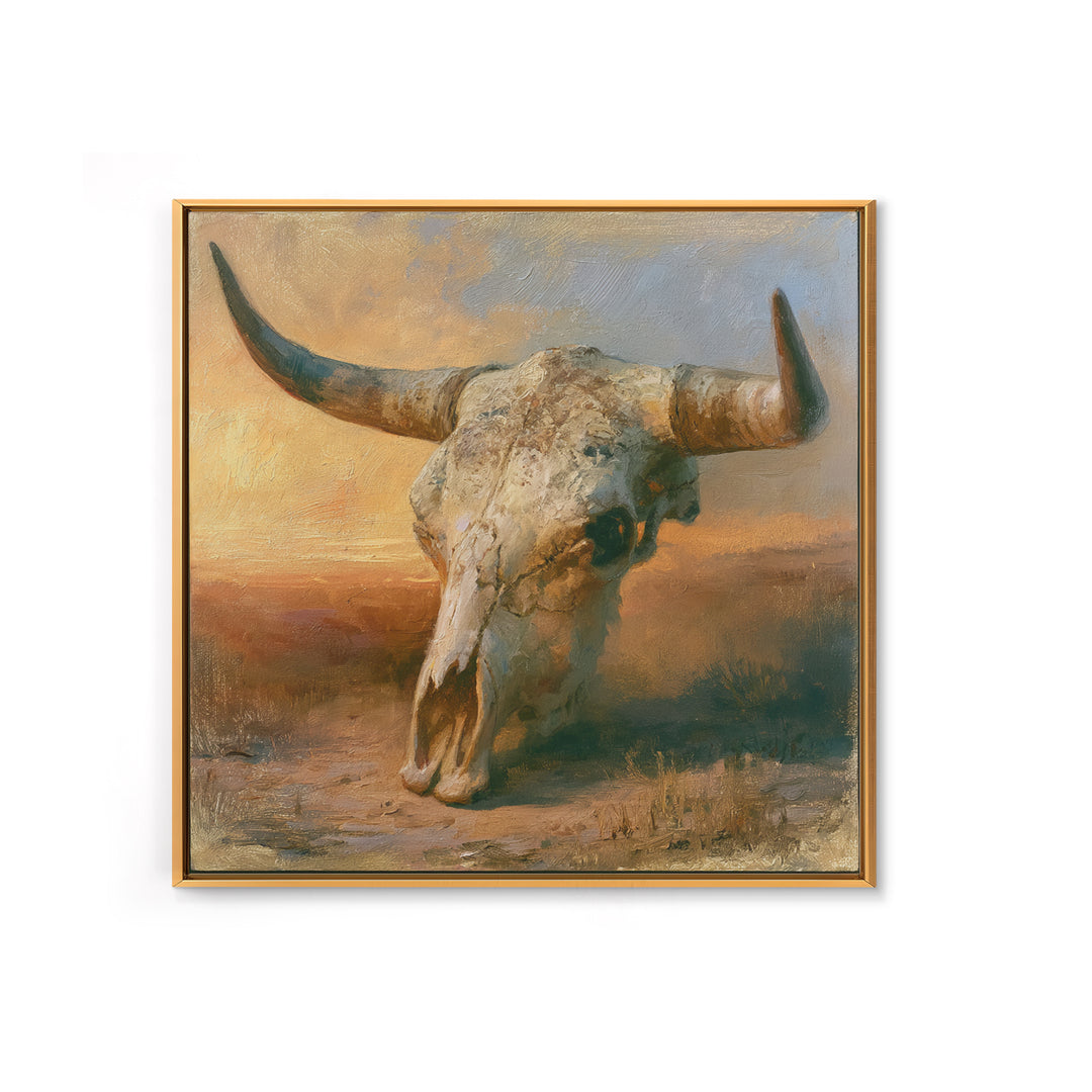 Sun Bleached Longhorn Skull Still Life Framed Canvas Print, Southwestern Art, Southwestern Decor, Abstract Art, Mesa, SOU-1x1-33