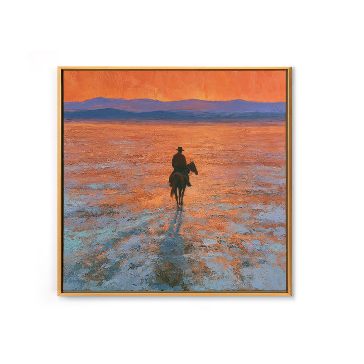 Horse Rider Crossing Desert at Dusk Framed Canvas Print, Southwestern Art, Farmhouse Wall Art, Southwestern Decor, Mesa, SOU-1x1-43