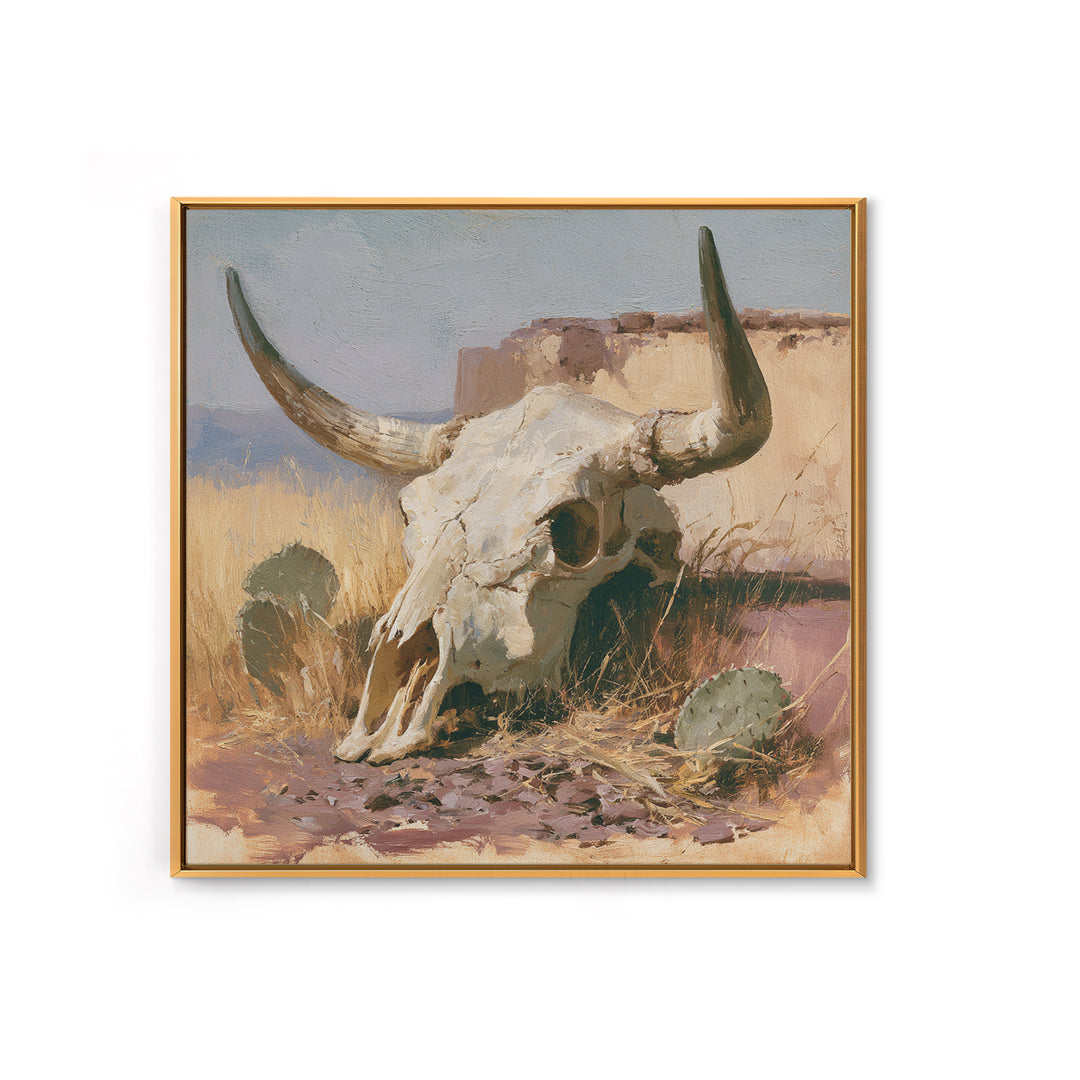 Sun Bleached Longhorn Skull Still Life Framed Canvas Print, Southwestern Art, Southwestern Decor, Abstract Art, Mesa, SOU-1x1-57