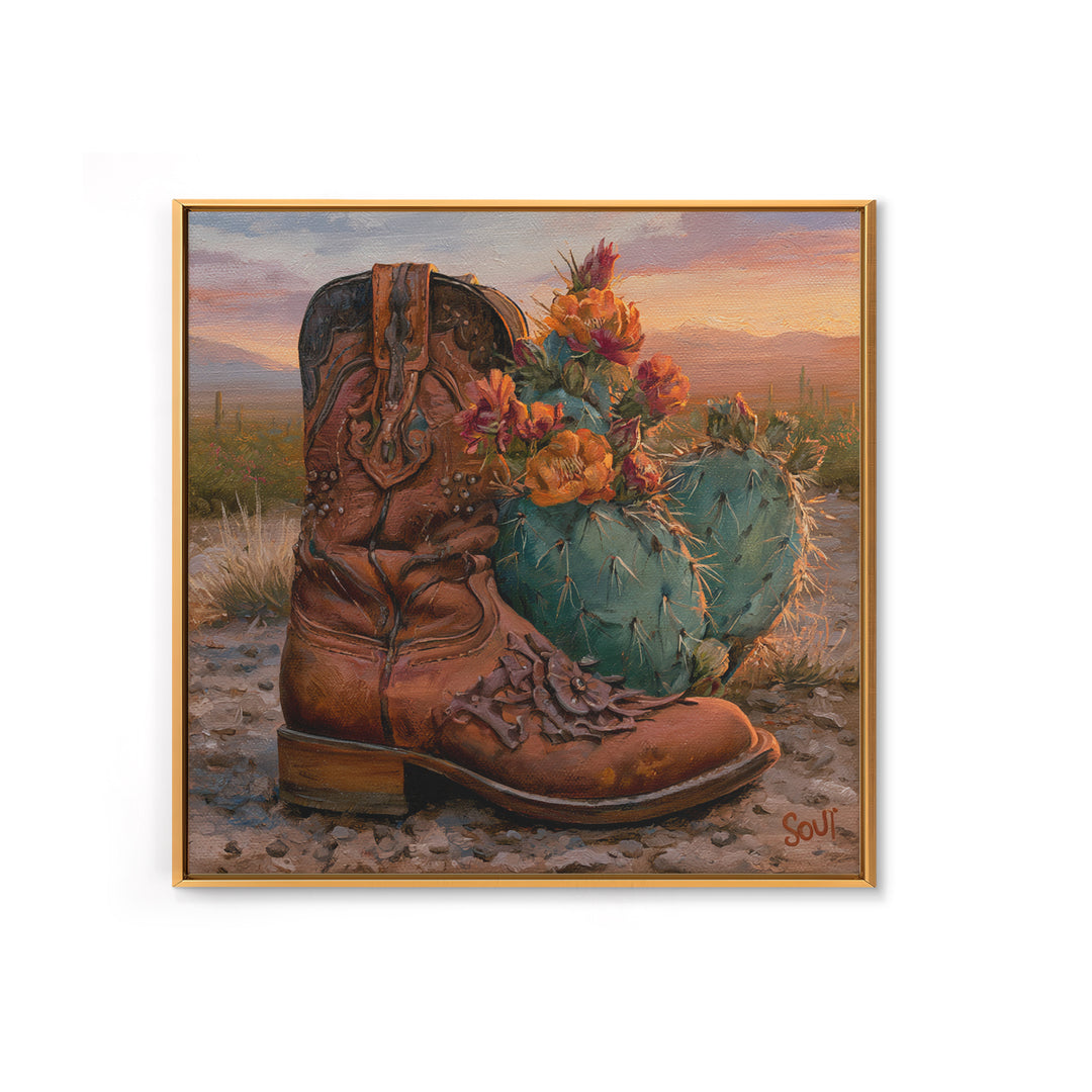 Western Boot with Cactus Blossoms Framed Canvas Print, Southwestern Art, Luxury Decor, Southwestern Decor, Fine Art, Mesa, SOU-1x1-65