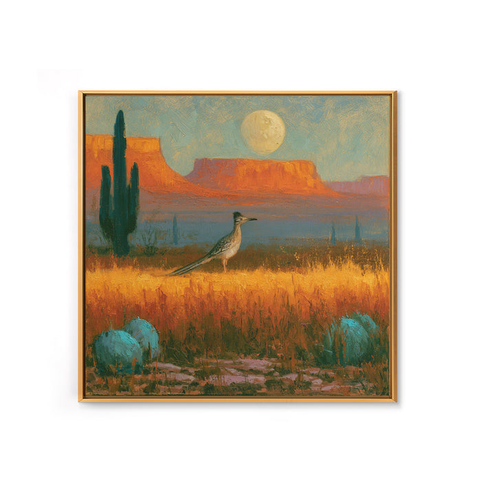 Roadrunner under a Pale Desert Moon Framed Canvas Print, Southwestern Art, Digital Wall Art, Southwestern Decor, Oil Painting, SOU-1x1-8