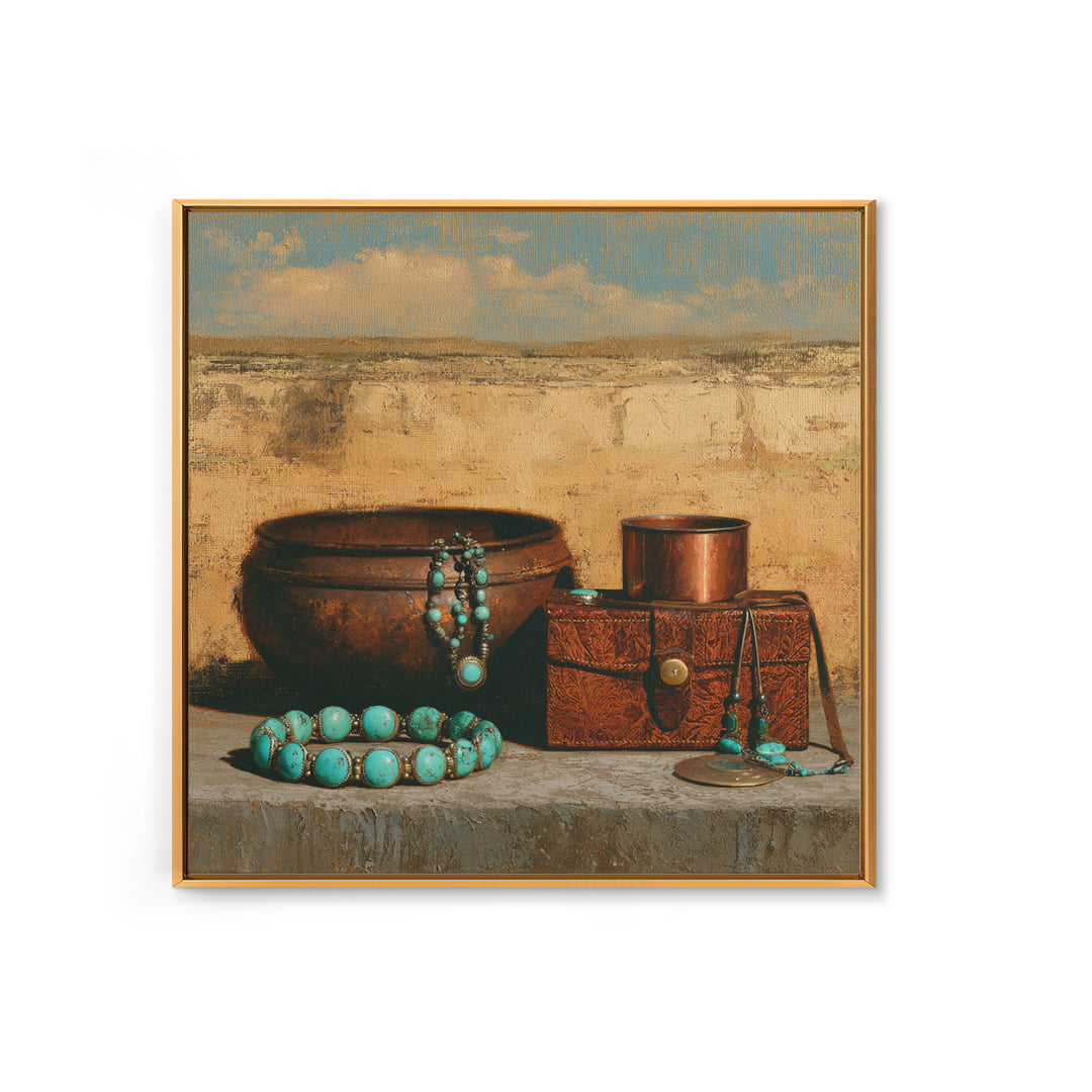 Turquoise Jewelry and Leather Still Life Framed Canvas Print, Southwestern Art, Luxury Decor, Southwestern Decor, Mesa, SOU-1x1-83