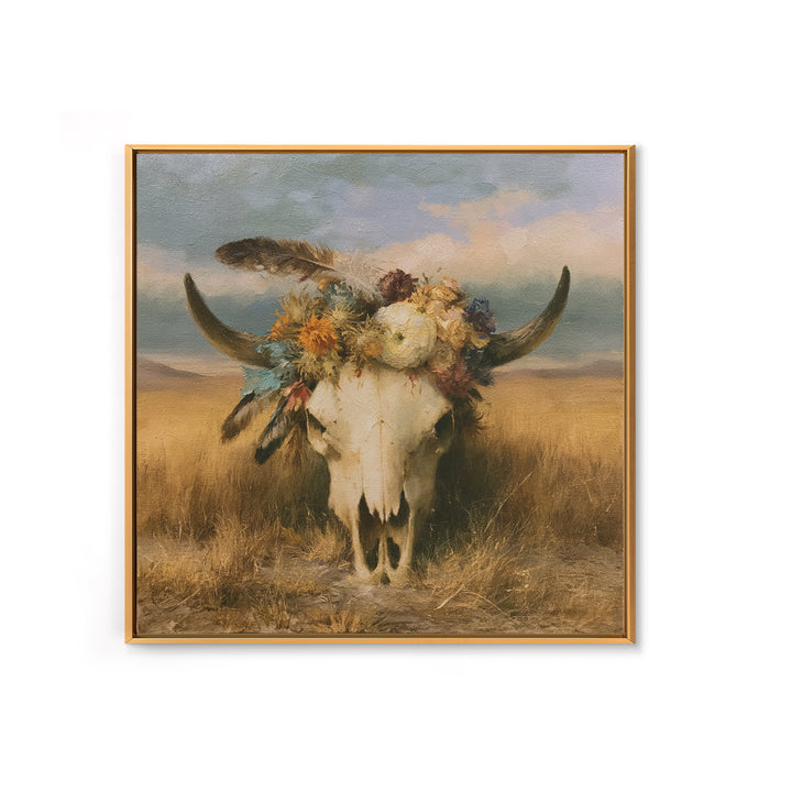 Cow Skull with Desert Flowers and Feathers Canvas Print, Southwestern Art, Wall Decor, Southwestern Decor, Oil Painting, Mesa, SOU-1x1-99