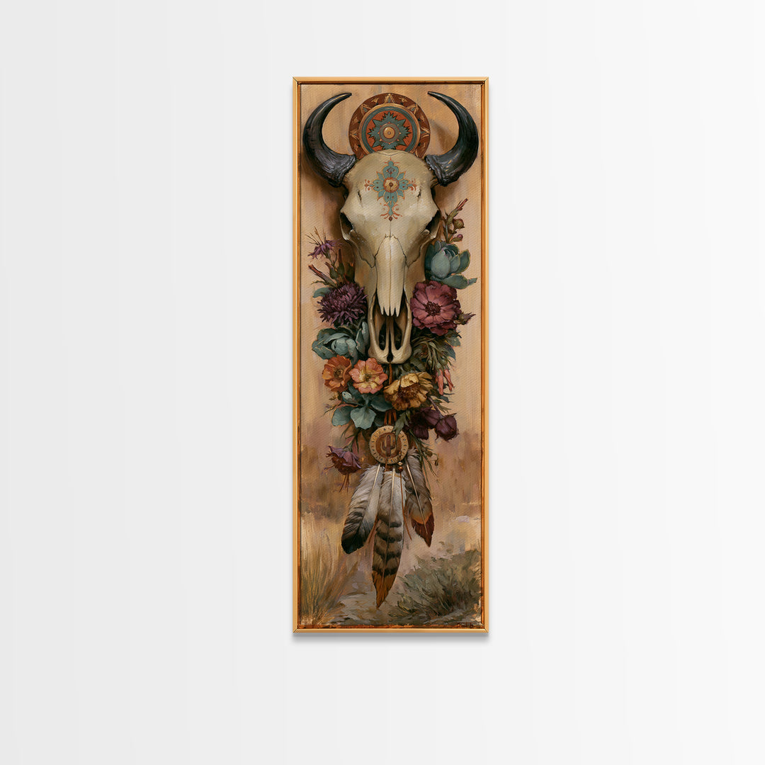 Cow Skull with Desert Flowers and Feathers Framed Canvas Print, Southwestern Art, Printable Art, Southwestern Decor, Mesa, SOU-1x3-15