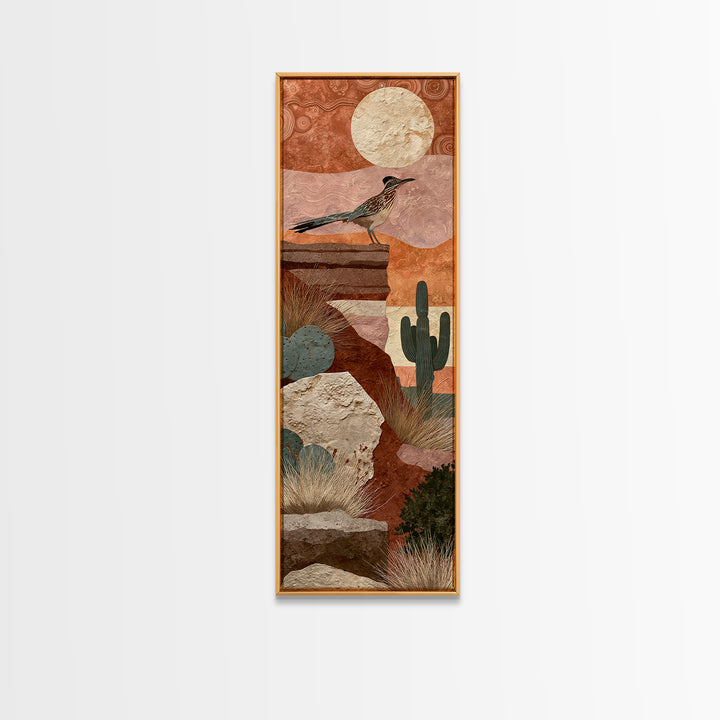 Roadrunner under a Pale Desert Moon Framed Canvas Print, Southwestern Art, Art, Southwestern Decor, Mesa, Boho Wall Decor, SOU-1x3-20