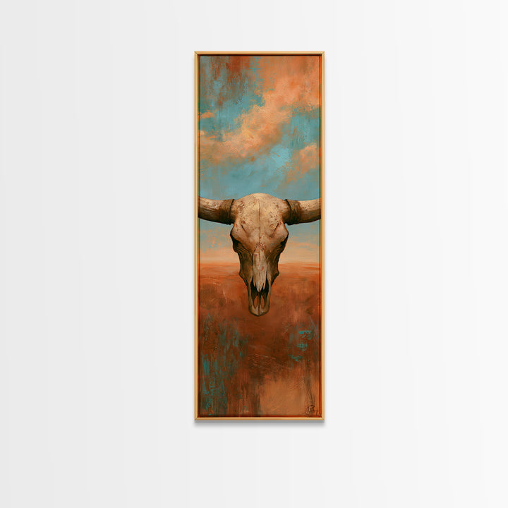 Sun Bleached Longhorn Skull Still Life Framed Canvas Print, Southwestern Art, Wall Art, Southwestern Decor, Oil Painting, Mesa, SOU-1x3-69