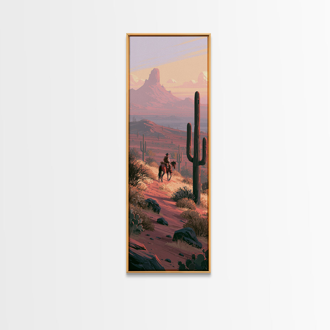 Horse Rider Crossing Desert at Dusk Framed Canvas Print, Southwestern Art, Western Art, Southwestern Decor, Oil Painting, Mesa, SOU-1x3-79