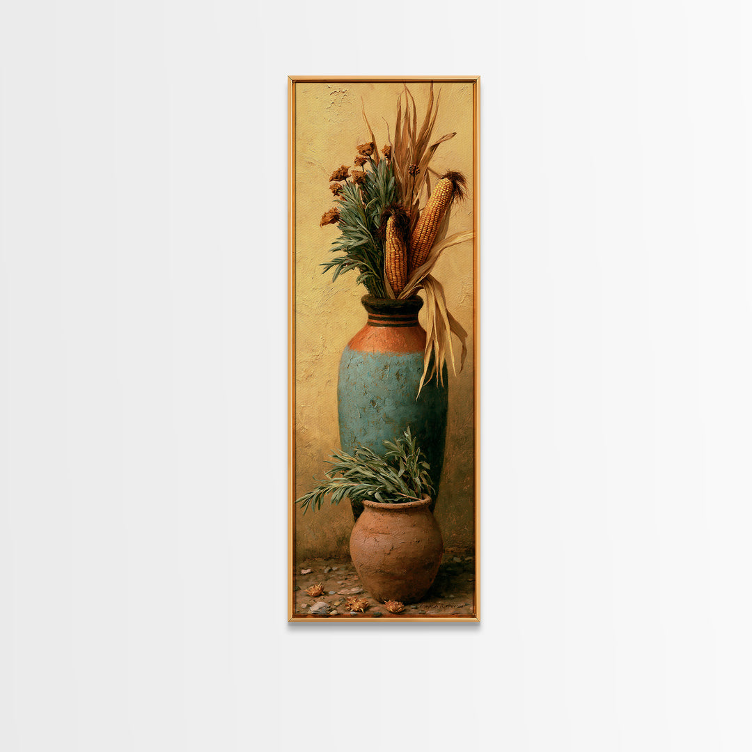 Pueblo Pottery Still Life Framed Canvas Print, Southwestern Art, Antique Oil Painting, Southwestern Decor, Fine Art, Mesa, SOU-1x3-83