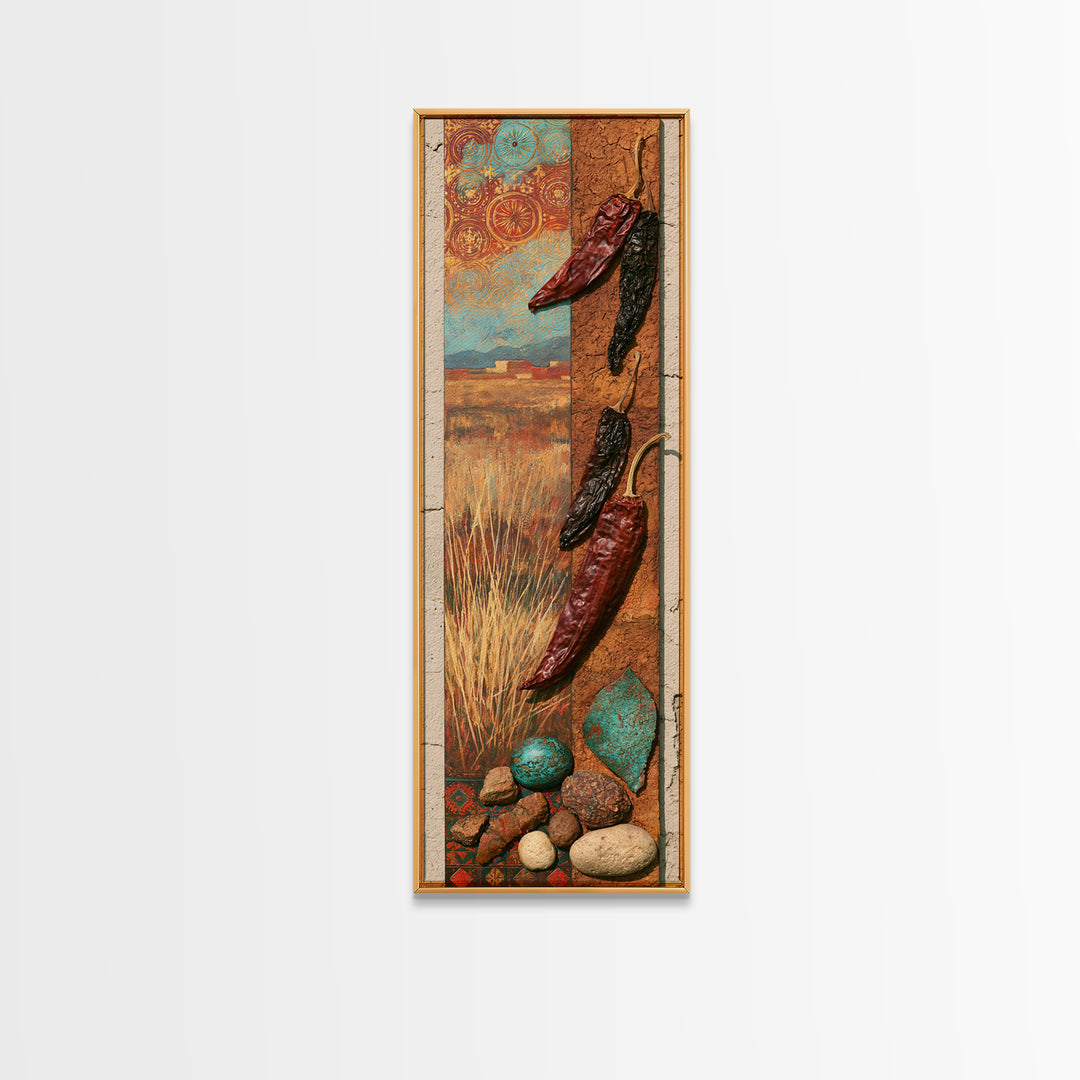 Dried Chili Peppers and Adobe Texture Framed Canvas Print, Southwestern Art, Tapestry Wall Art, Southwestern Decor, Mesa, SOU-1x3-84