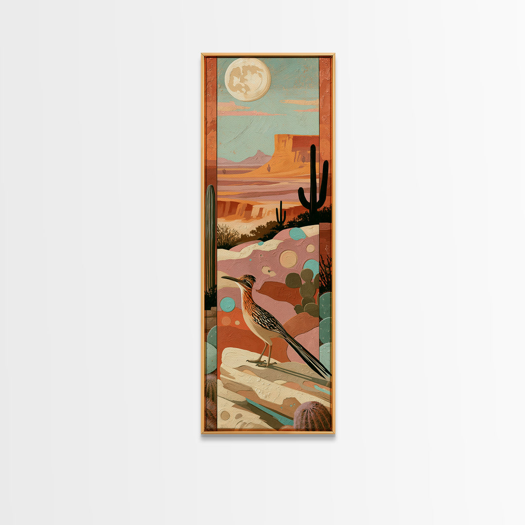 Roadrunner under a Pale Desert Moon Framed Canvas Print, Southwestern Art, Mexican Folk Art, Southwestern Decor, Watercolor Art, SOU-1x3-92