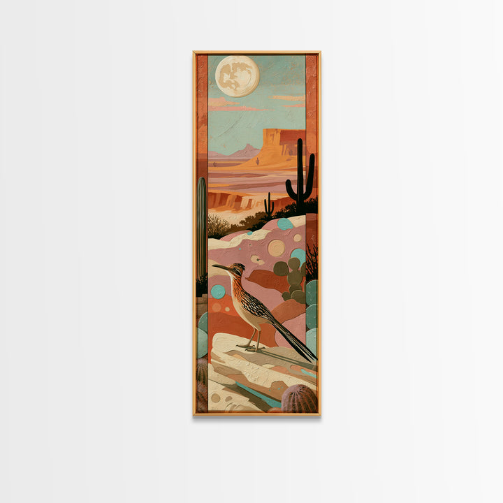 Roadrunner under a Pale Desert Moon Framed Canvas Print, Southwestern Art, Mexican Folk Art, Southwestern Decor, Watercolor Art, SOU-1x3-92