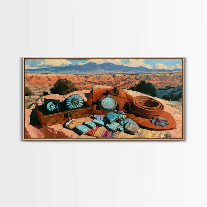 Turquoise Jewelry and Leather Still Life Canvas Print, Southwestern Art, Prints Wall Art, Southwestern Decor, Fine Art, Mesa, SOU-2x1-31