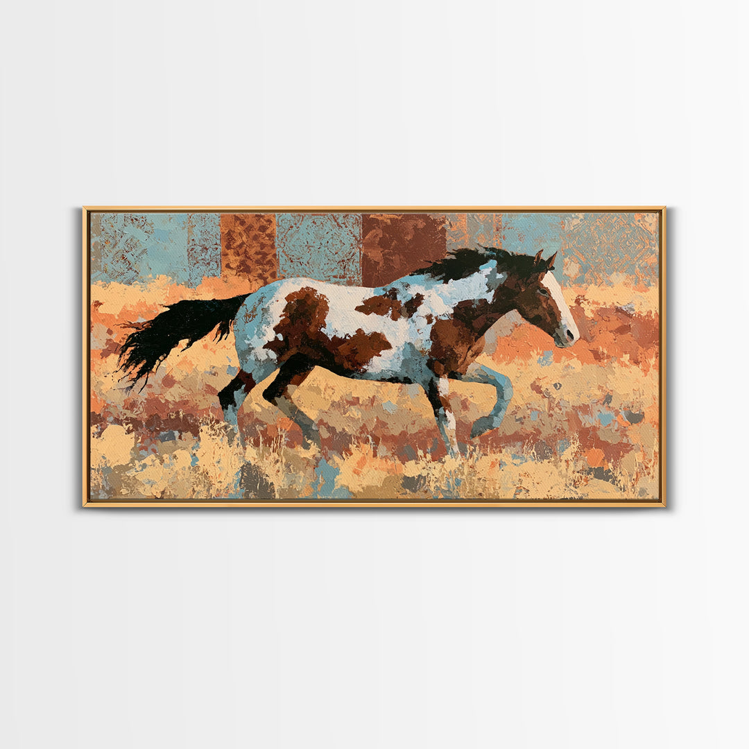 Wild Mustang Running Through Dusty Canyon Framed Canvas Print, Southwestern Art, Southwestern Decor, Oil Painting, Mesa, SOU-2x1-50