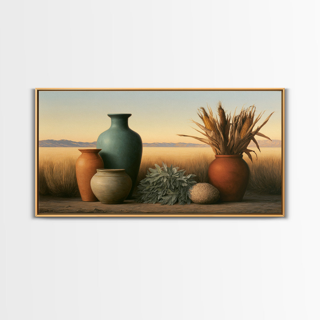 Pueblo Pottery Still Life Framed Canvas Print, Southwestern Art, Gallery Decor, Southwestern Decor, Fine Art, Mesa, Wall Art, SOU-2x1-67