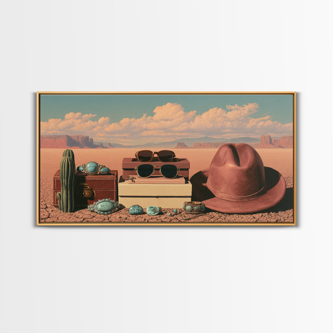 Turquoise Jewelry and Leather Still Life Framed Canvas Print, Southwestern Art, Printable Wall Art, Southwestern Decor, Mesa, SOU-2x1-7