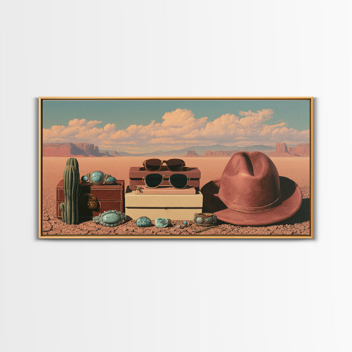 Turquoise Jewelry and Leather Still Life Framed Canvas Print, Southwestern Art, Printable Wall Art, Southwestern Decor, Mesa, SOU-2x1-7