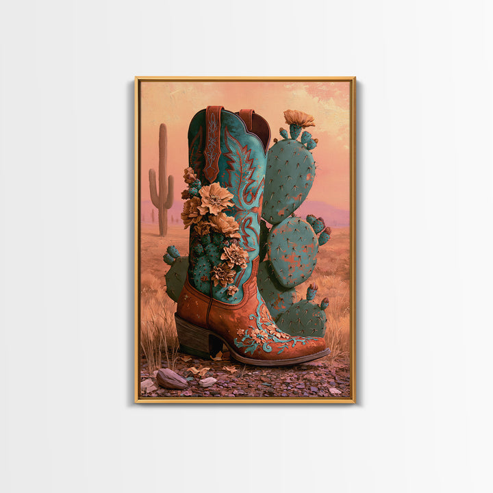 Western Boot with Cactus Blossoms Framed Canvas Print, Southwestern Art, Digital Wall Art, Southwestern Decor, Fine Art, Mesa, SOU-2x3-25
