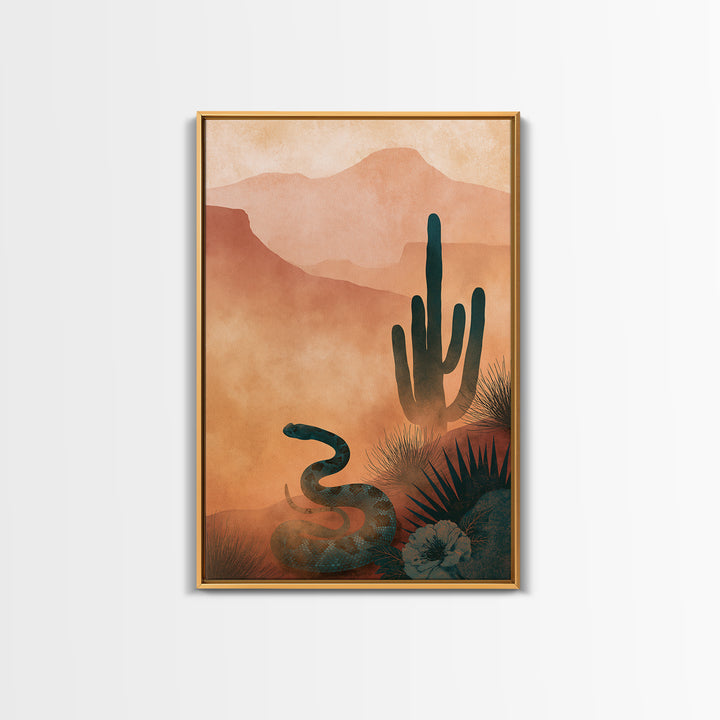 Snake and Desert Flower Composition Framed Canvas Print, Southwestern Art, Minimalist Decor, Southwestern Decor, Oil Painting, SOU-2x3-30