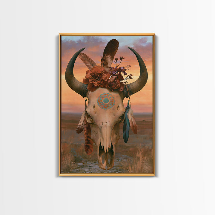 Cow Skull with Desert Flowers and Feathers Canvas Print, Southwestern Art, Southwestern Decor, Watercolor Art, Mesa, SOU-2x3-35