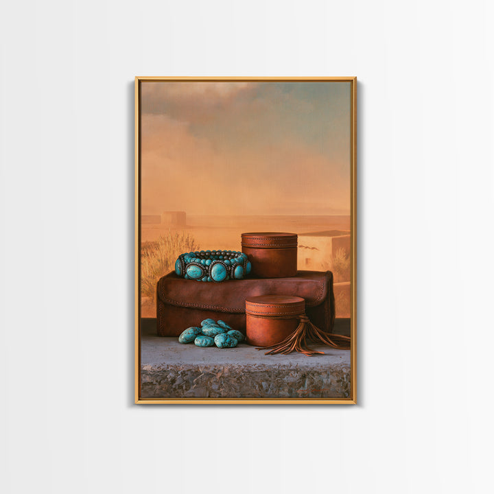 Turquoise Jewelry and Leather Still Life Framed Canvas Print, Southwestern Art, Prints Wall Art, Southwestern Decor, Mesa, SOU-2x3-43