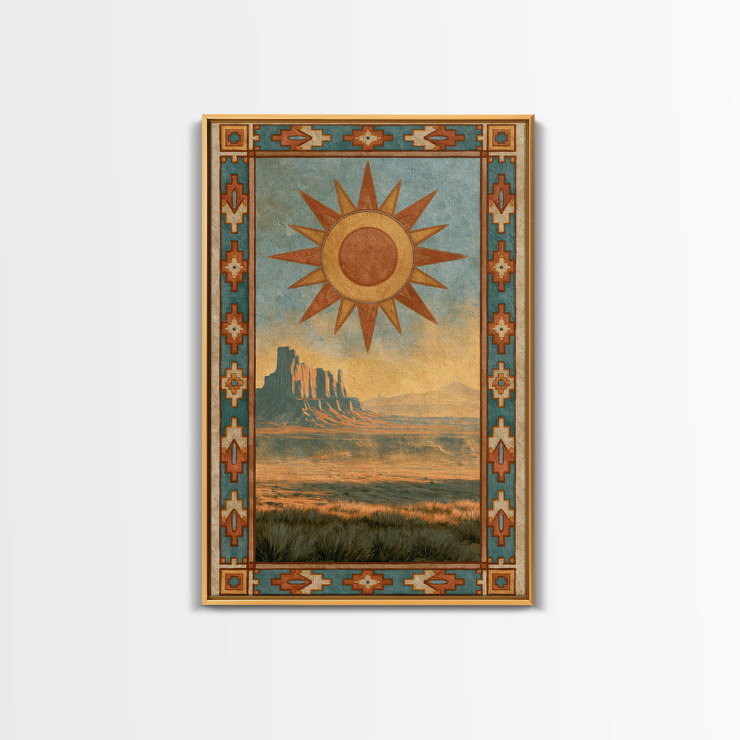 Sun Symbol with Geometric Southwest Border Canvas Print, Southwestern Art, Southwestern Decor, Abstract Art, Mesa, SOU-2x3-5