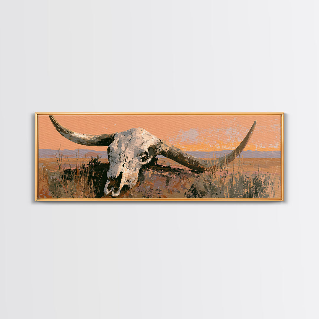 Sun Bleached Longhorn Skull Still Life Framed Canvas Print, Southwestern Art, Landscape Painting, Southwestern Decor, Mesa, SOU-3x1-1