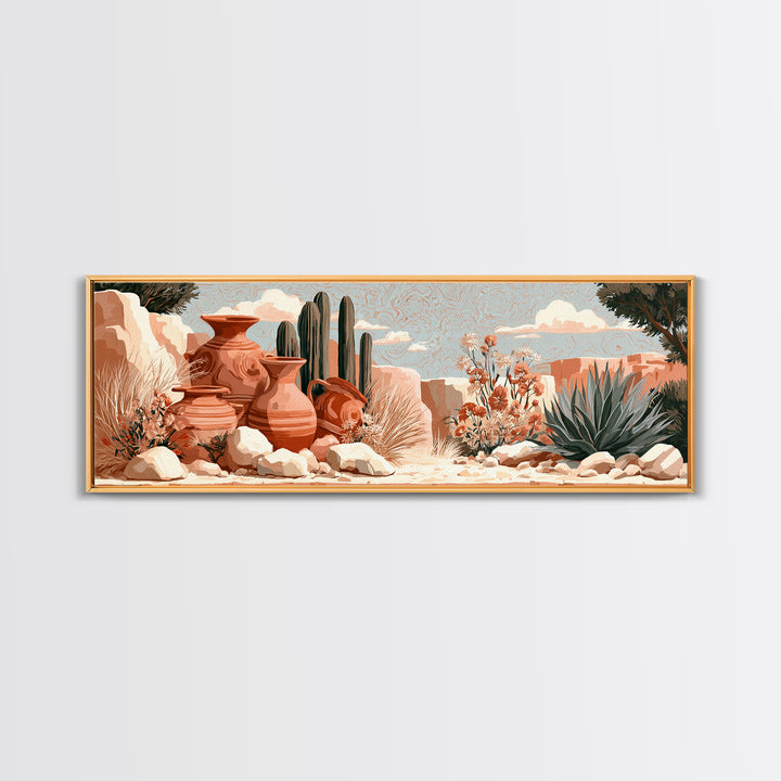 Painted Pottery and Desert Wildflowers Framed Canvas Print, Southwestern Art, Rustic Home Decor, Southwestern Decor, Mesa, SOU-3x1-32